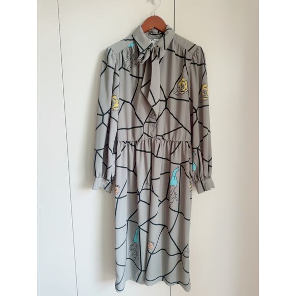 Vintage 80s Day Dress Size Med Grey Graphic Print Midi Length Office Made USA - Picture 3 of 11